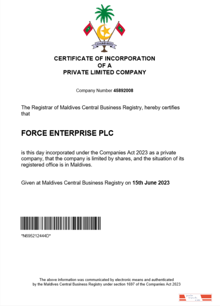 Maldives  business registration certificate Word and PDF template